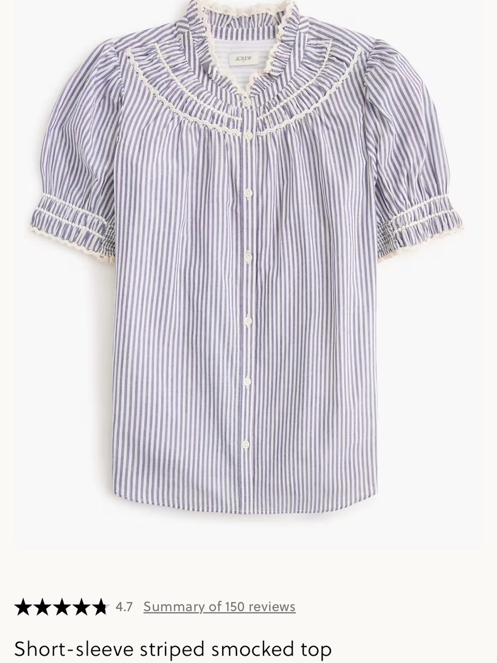 J. Crew Lavender and White Striped Smocked Short-Sleeve Blouse